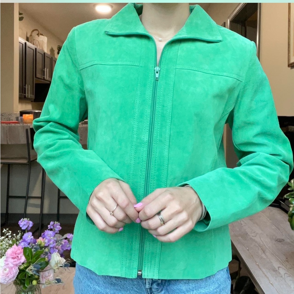 Green Leather Jacket with Structured Design